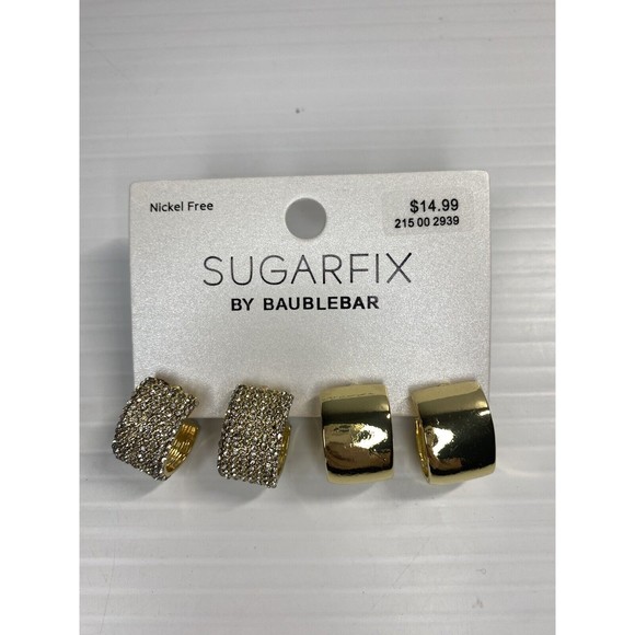 Sugarfix By Baublebar Earrings Huggie Hoops Gold Tone Rhinestones Set of 2 - Picture 1 of 3